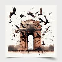 illustration of India gate in New Delhi on abstract flag tricolor background. . photo