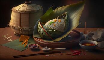 Zongzi. Rice dumpling for Chinese traditional Dragon Boat Festival Duanwu Festival. . photo
