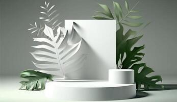 3D white podium for beauty skincare products display. stand to show cosmetic product. . photo