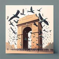 illustration of India gate in New Delhi on abstract flag tricolor background. . photo