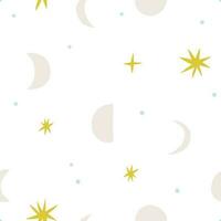 Moon and Stars seamless pattern. Vector celestial texture with different Moons and shiny Stars. Abstract Lunar background