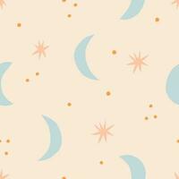 Abstract night sky seamless pattern. Hand drawn Crescent and Stars vector texture. Celestial background in retro style