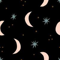 Abstract night sky seamless pattern. Hand drawn Crescent and Stars vector texture. Celestial background in retro style