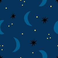 Abstract night sky seamless pattern. Hand drawn Crescent and Stars vector texture. Celestial background in retro style