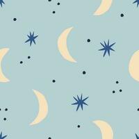 Abstract night sky seamless pattern. Hand drawn Crescent and Stars vector texture. Celestial background in retro style