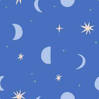 Moon and Stars seamless pattern. Vector celestial texture with different Moons and shiny Stars. Abstract Lunar background