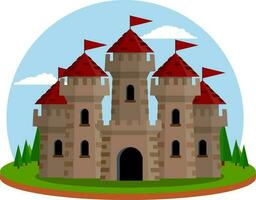 Castle with towers and walls. Defense construction. Medieval European architecture. Home of knight and king. Protection and security. Flat Icon for app and game vector