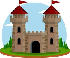 Castle with towers and walls. Defense construction. Medieval European architecture. Home of knight and king. Protection and security. Flat Icon for app and game vector