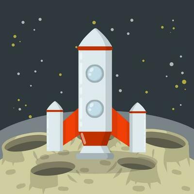 Landing and launching a rocket on the asteroid landscape. Stars and space flight. Moon. Space planet. Lunar surface with craters and dust.