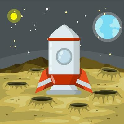 Landing and launching a rocket on the asteroid landscape. Stars and space flight. Moon. Lunar surface with craters and dust. Space planet