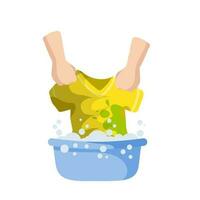 Washing clothes in basin of soapy water. Hands holding t-shirt. Household chores. Clean and wash. Stain removal. Flat cartoon illustration vector