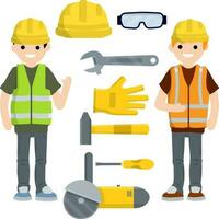 Two Men workers in yellow and green uniform with helmets. Repair and installation tools. Industrial safety. Maintenance service. Screwdriver, wrench, grinder, hammer, glasses and helmet vector