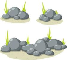 Set of stones for the background. Forest and mountain environment. Gray cobblestone with moss and grass. Granite on white background vector