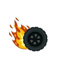 Burning wheel of car. Flames on tire. Technical problems and accident. Symbol of speed and racing. Fire on road vector