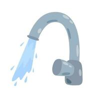 Tap with running water jet. Plumbing in kitchen and bathroom. Flow and stream of blue liquid. Flat cartoon vector