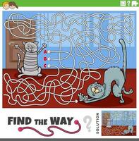 find the way maze game with cartoon cats animal characters vector