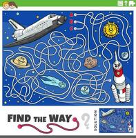 find the way maze game with cartoon space shuttle and rocket vector