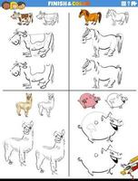 drawing and coloring worksheets set with farm animals vector