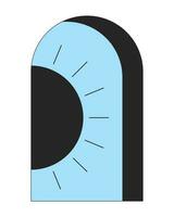 Arched window with peeping out black sun on blue sky flat line color vector concept. Editable lineart icon on white. Simple outline cartoon style spot illustration for web graphic design and animation