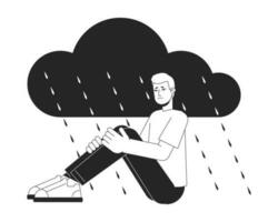 Seasonal affective disorder bw concept vector spot illustration. Guy feeling upset in rainy day 2D cartoon flat line monochromatic character for web app UI design. Sadness editable outline hero image