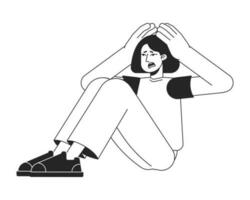 Shocked girl sitting and holding head flat line black white vector character. Editable isolated outline full body person. Simple cartoon style spot illustration for web graphic design, animation