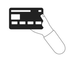 Holding credit card monochromatic flat vector first view hand. Payment for shopping. Customer money. Editable thin line icon on white. Simple bw cartoon spot image for web graphic design, animation