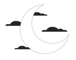 Crescent moon between black clouds flat line black white vector object. Night sky. Editable cartoon style icon. Simple isolated outline spot illustration for web graphic design and animation