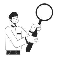 Curious man in formal shirt with magnifying glass flat line black white vector character. Editable isolated outline half body person. Simple cartoon spot illustration for web graphic design, animation