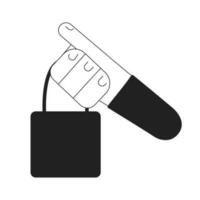 Holding shopping bag from boutique monochromatic flat vector first view hand. Editable thin line icon on white. E commerce business. Simple bw cartoon spot image for web graphic design, animation