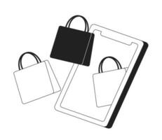 Online shopping platform on mobile phone monochrome concept vector spot illustration. Editable 2D flat bw cartoon object for web UI design. Boutique bags through smartphone hand drawn hero image