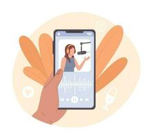 Using podcast hosting service on smartphone flat concept vector spot illustration. Editable 2D cartoon character on white for web design. Hand holding phone creative idea for website, mobile app