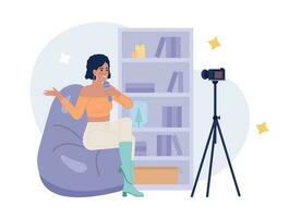 Personal video podcast 2D vector isolated spot illustration. Female live streamer talking about fashion and beauty flat character on cartoon background. Colorful editable scene for mobile, website