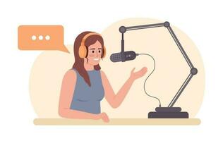 Speaker sharing personal stories on podcast 2D vector isolated spot illustration. Female radio host with mic flat character on cartoon background. Colorful editable scene for mobile, website, magazine