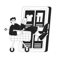 Online shopper purchasing fashion apparel monochrome concept vector spot illustration. Editable 2D flat bw cartoon character for web UI design. Man in trolley holding smartphone hand drawn hero image