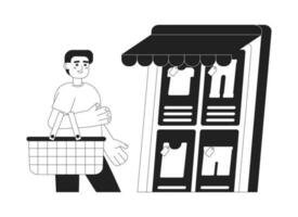 compras en en línea hombres ropa Tienda monocromo concepto vector Mancha ilustración. editable 2d plano bw dibujos animados personaje para web ui diseño. chico con cesta elegir en Internet mano dibujado héroe imagen