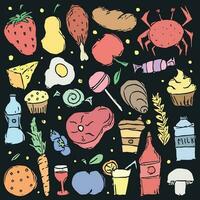 Doodle food icons. Background with drawing food vector
