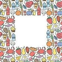 Doodle food frame. Background with drawing food with place for text vector