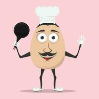 cute smiling egg chef character with pan on pink background. vector flat illustration