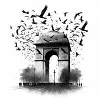 illustration of India gate in New Delhi on abstract flag tricolor background. . photo