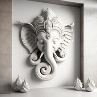 A white walled room with a statue of an Indian mythological God Lord Ganesha as Mural. . photo