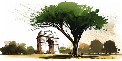 illustration of India gate in New Delhi on abstract flag tricolor background. . photo