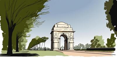 illustration of India gate in New Delhi on abstract flag tricolor background. . photo