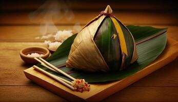 zongzi arroz bola de masa hervida para chino tradicional continuar barco festival duanwu festival. ai generado. foto