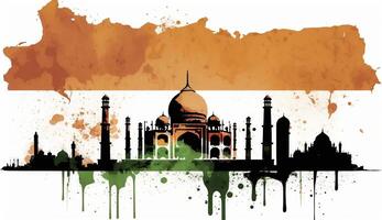 illustration of India gate in New Delhi on abstract flag tricolor background. . photo