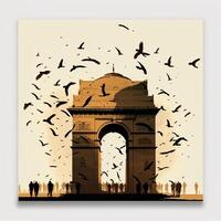 illustration of India gate in New Delhi on abstract flag tricolor background. . photo