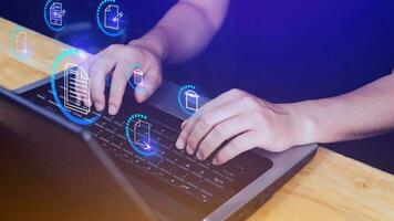 Businessman pressing multimedia type of modern buttons with virtual background, Document Management System DMS, searching and managing corporate files information. photo