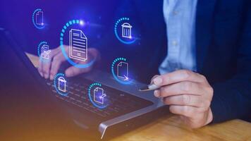Businessman pressing multimedia type of modern buttons with virtual background, Document Management System DMS, searching and managing corporate files information. photo
