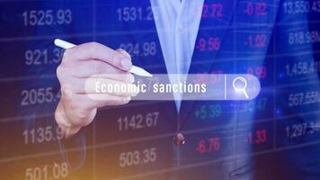 Economic sanctions, written in search bar with the financial data visible in the background. Reports Stock Market Ticker Words photo