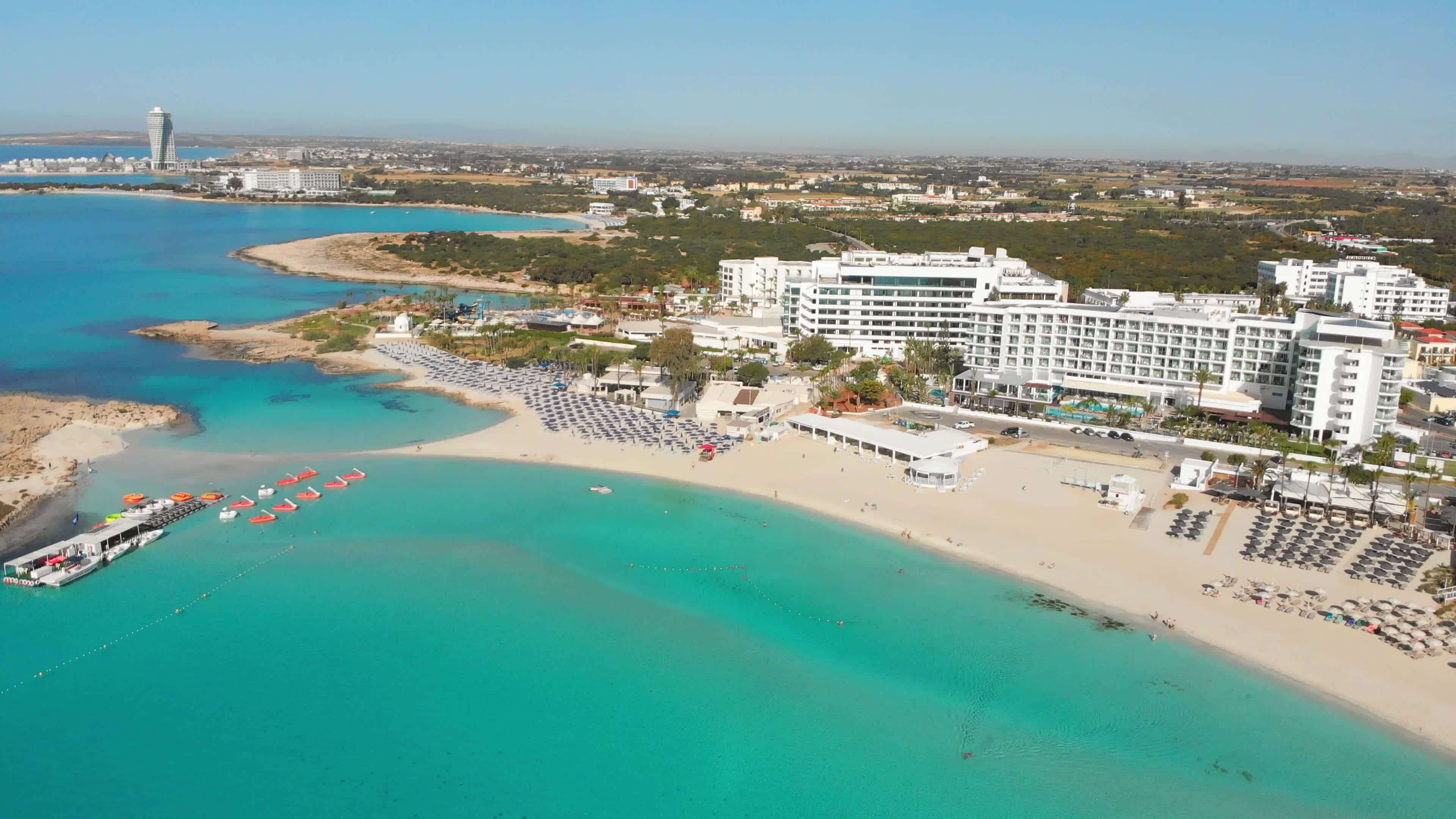 Ayia Napa, Cyprus 15th april, 2023 aerial fly over Luxury hotel buildings with pools by