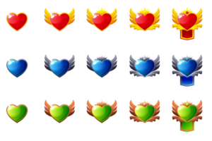 Set of Game Rank badges. Ranking awards. Template Ranking Heart icons. Set of Awards badges- bronze, silver and gold png